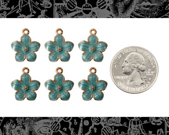 Gold Finish and Blue Enamel Flower Charms - Set of Six - XXX - ZG-C56